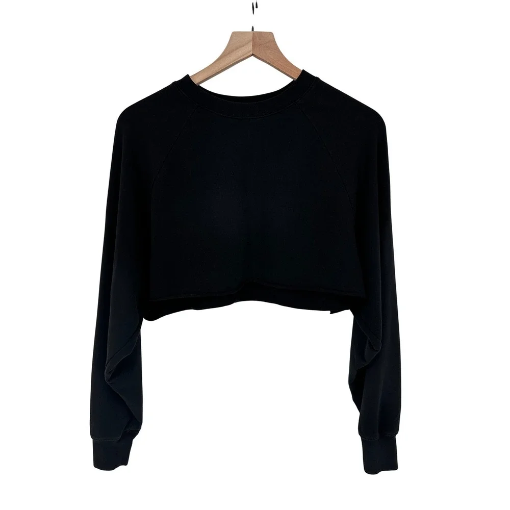 Alo Yoga Double Take Pullover Black Ultra Cropped Sweatshirt‎ XS Raglan Sleeves - Picture 2 of 9